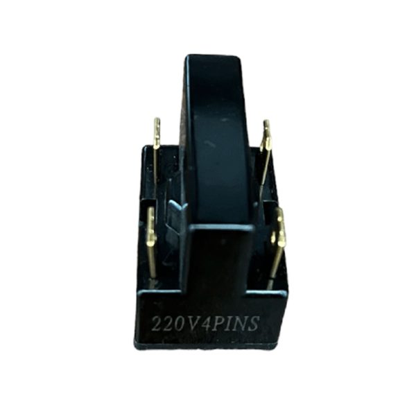 رله سنگی ۴ فیش یخچال نمای نزدیک از پین‌ها و حک 220V4PINS روی بدنه مشکی