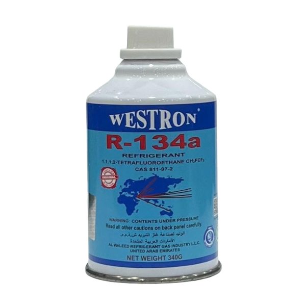گاز مبرد Westron R134a حجم 340 گرم، قوطی سفید با برچسب آبی، نمای کامل محصول مبرد خودرو